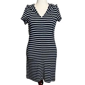 CAbi dress Dockside navy & white striped hooded knit cap sleeve open neck Sz XS